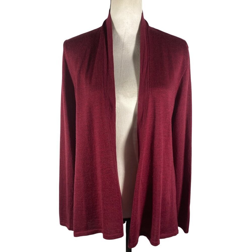 Eileen Fisher merino wool Open Front Cardigan M lightweight burgundy wine Red